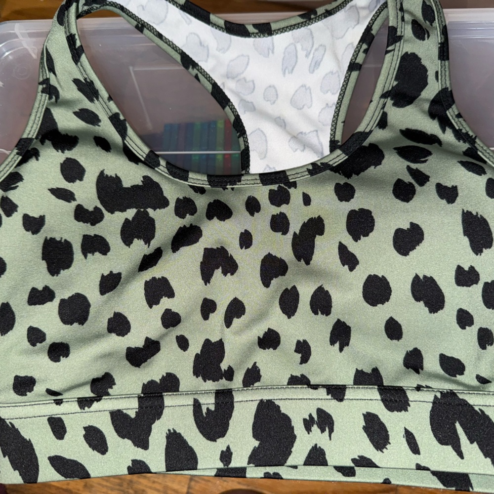 Green and Black AND Beige and Black Leopard Print Sports Bras. (2)